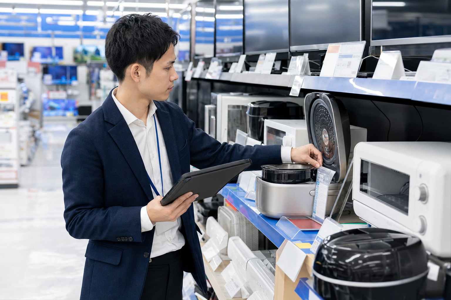 家電量販店で売場確認を行うラウンダーのイメージ